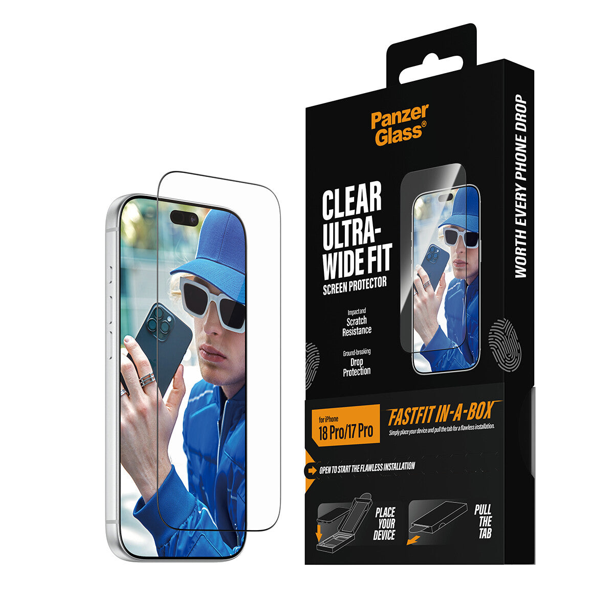 PanzerGlass ® Skærmbeskyttelse iPhone 18 Pro | 17 Pro | Ultra-Wide Fit m. FASTFIT IN-A-BOX