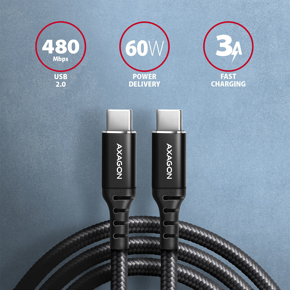 Axagon Data and charging USB 2.0 cable 1.5 m long. PD 60W, 3A. Black braided. USB-kabel 1,5 m USB C 0,48 Gbit/sek. Sort