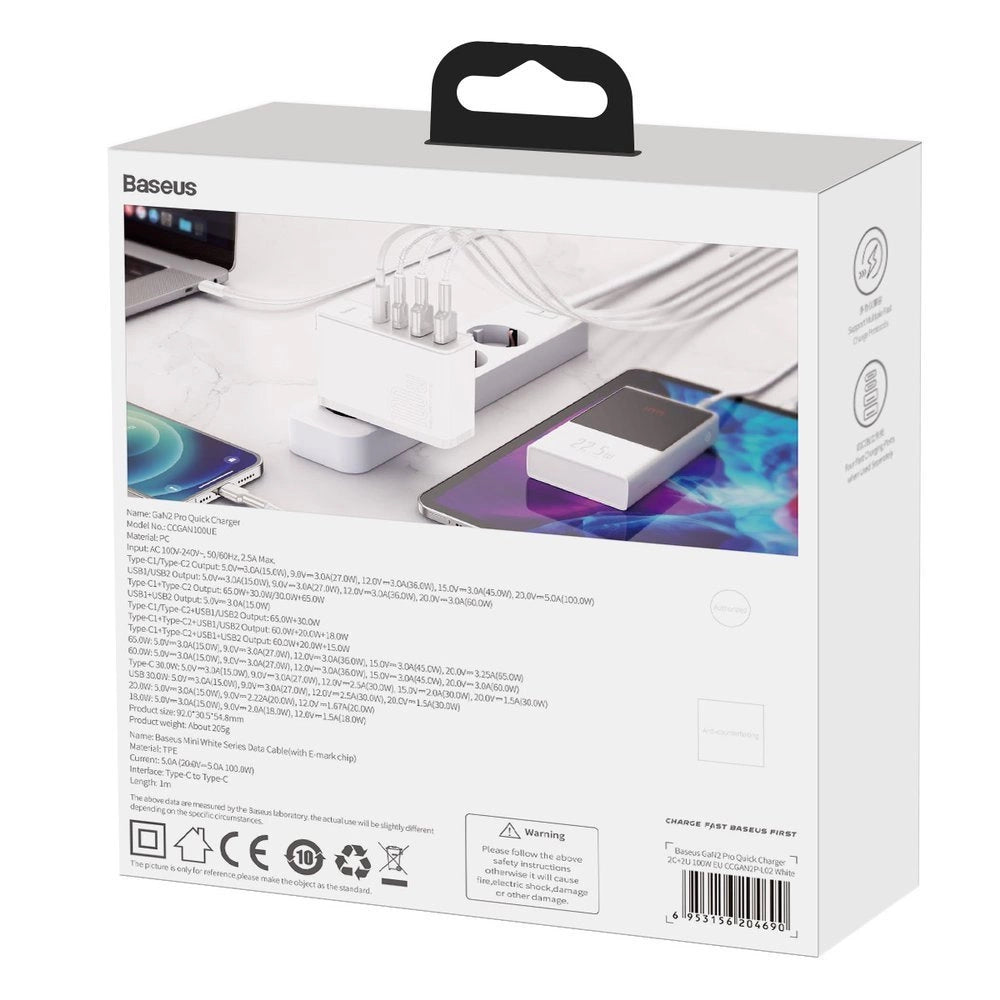 Baseus GaN2 Pro hurtigoplader 100W USB / USB Type C Quick Charge 4+ Strømforsyning hvid