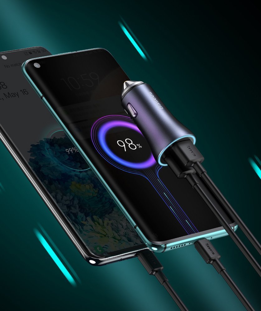 Baseus Golden Contactor Pro hurtig biloplader 2x USB 40 W Quick Charge SCP FCP AFC + USB-kabel - USB Type C grå (TZCCJD-A0G)