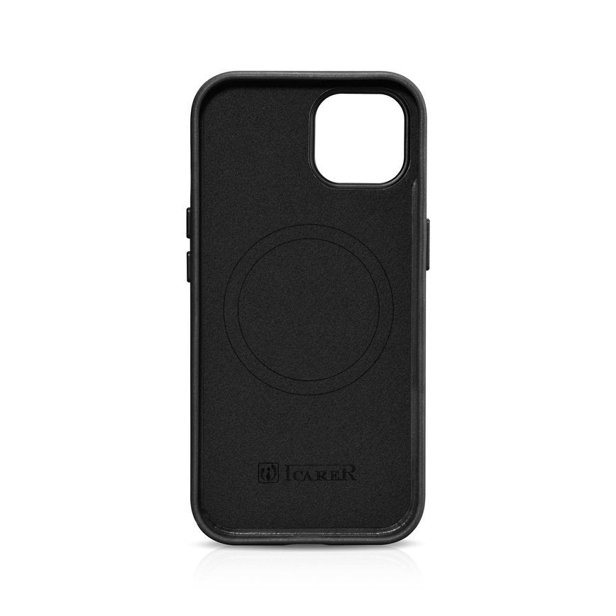 iPhone 15 Plus iCarer Oil Wax Premium Læder MagSafe-kompatibelt læderetui - sort