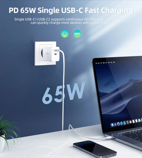 Choetech PD6013 2x USB-C PD 65W GaN vægoplader - hvid