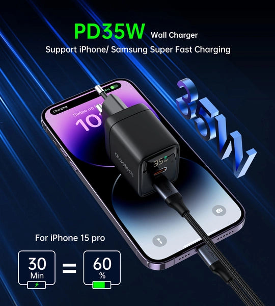 Choetech PD6051 USB-C USB-C PD 35W GaN vægoplader med display - sort