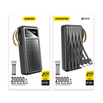 Dudao K18+ solar powerbank 20000 mAh with USB-A / USB-C / Lightning / micro USB cables - black