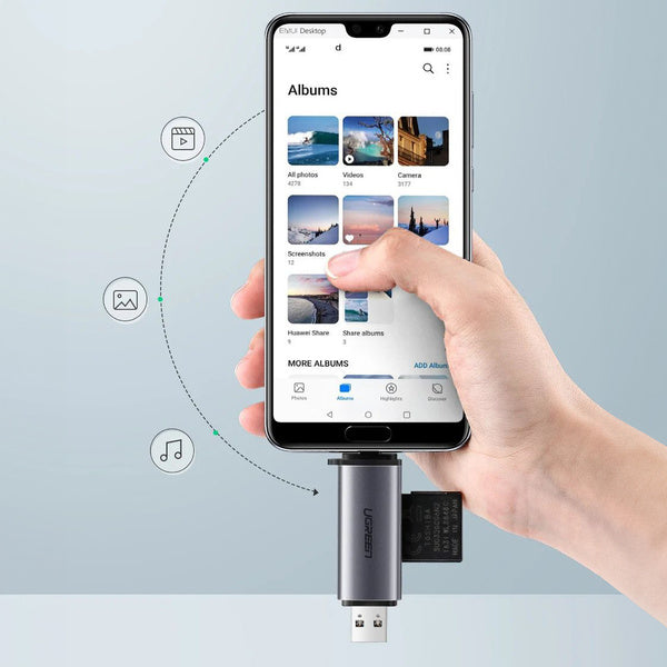 Ugreen CM185 50706 kortlæser til SD / micro SD-kort på USB-A 3.0 / USB-C 3.0 - grå