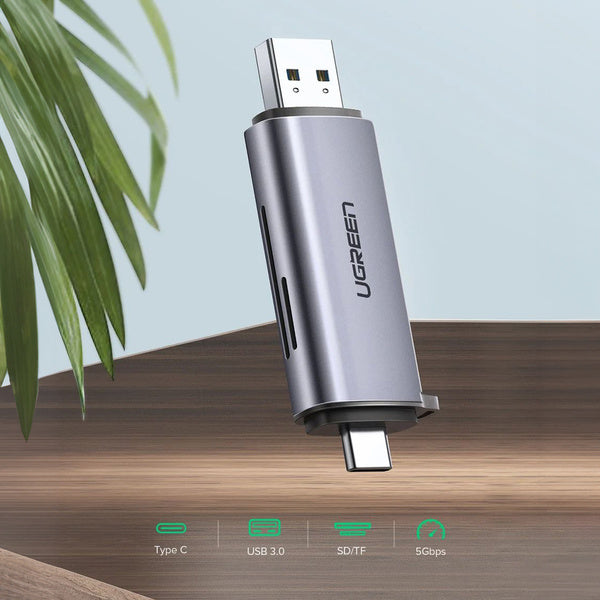 Ugreen CM185 50706 kortlæser til SD / micro SD-kort på USB-A 3.0 / USB-C 3.0 - grå