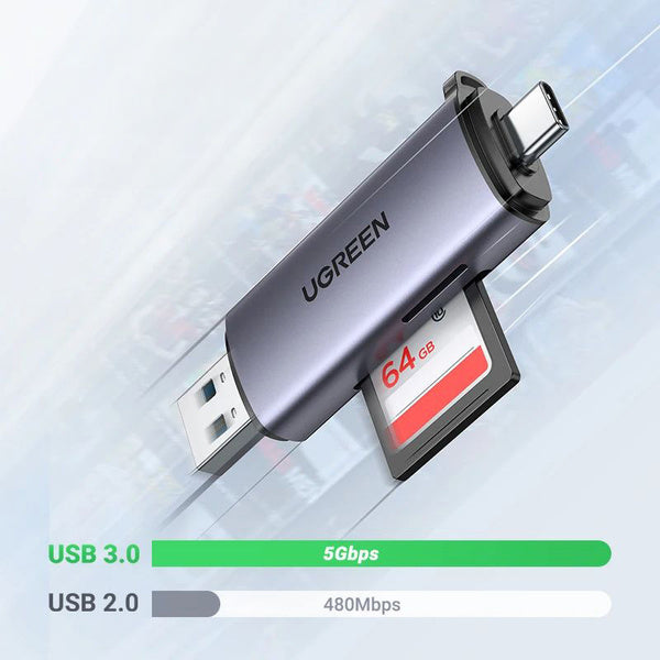 Ugreen CM185 50706 kortlæser til SD / micro SD-kort på USB-A 3.0 / USB-C 3.0 - grå