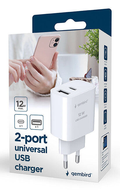 Gembird TA-UC-2AC12-01 oplader til mobil enhed Smartphone, SmartWatch, Tablet Hvid Vekselstrøm Indendørs