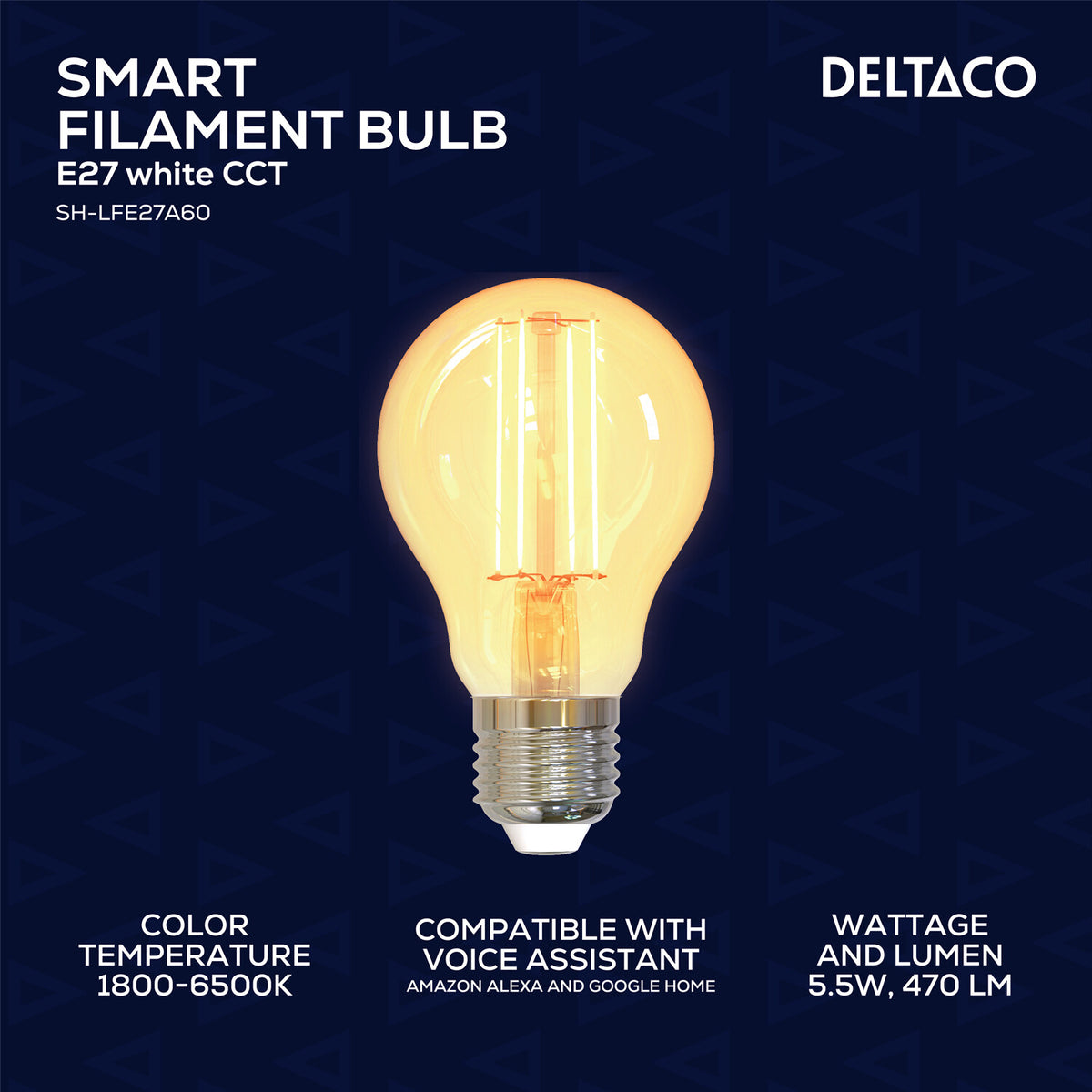 Deltaco SMART H LED filament lamp E27 WiFI 2.4GHz 5.5W 470lm Dim