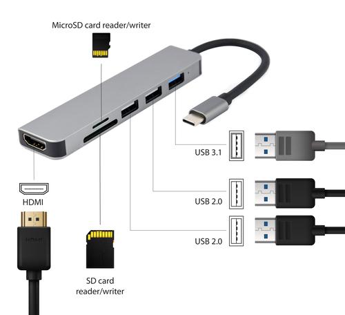 Gembird A-CM-COMBO6-02 laptop dock/port replicator Wired USB 3.2 Gen 1 (3.1 Gen 1) Type-C Grey