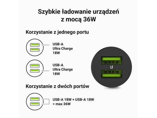 Green Cell GC CADM-GC-36AA - USB-Ladegeraet 36 W 2x USB-A schwarz Flashlight, GPS, Headphones, Mobile phone, Navigator, Other, Portable speaker, Power bank, Smartphone, Smartwatch, Tablet, Telephone, Universal Black Cigar lighter Fast charging Auto,