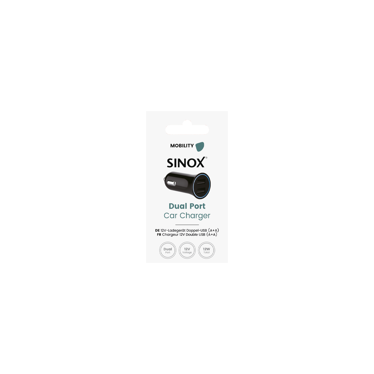 Sinox 12V dobbelt USB A biloplader. 2,4A. Sort