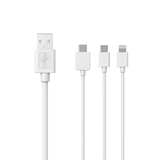 Sinox 3-i-1 kabel med Lightning, USB C og Micro USB. 1m. Hvid