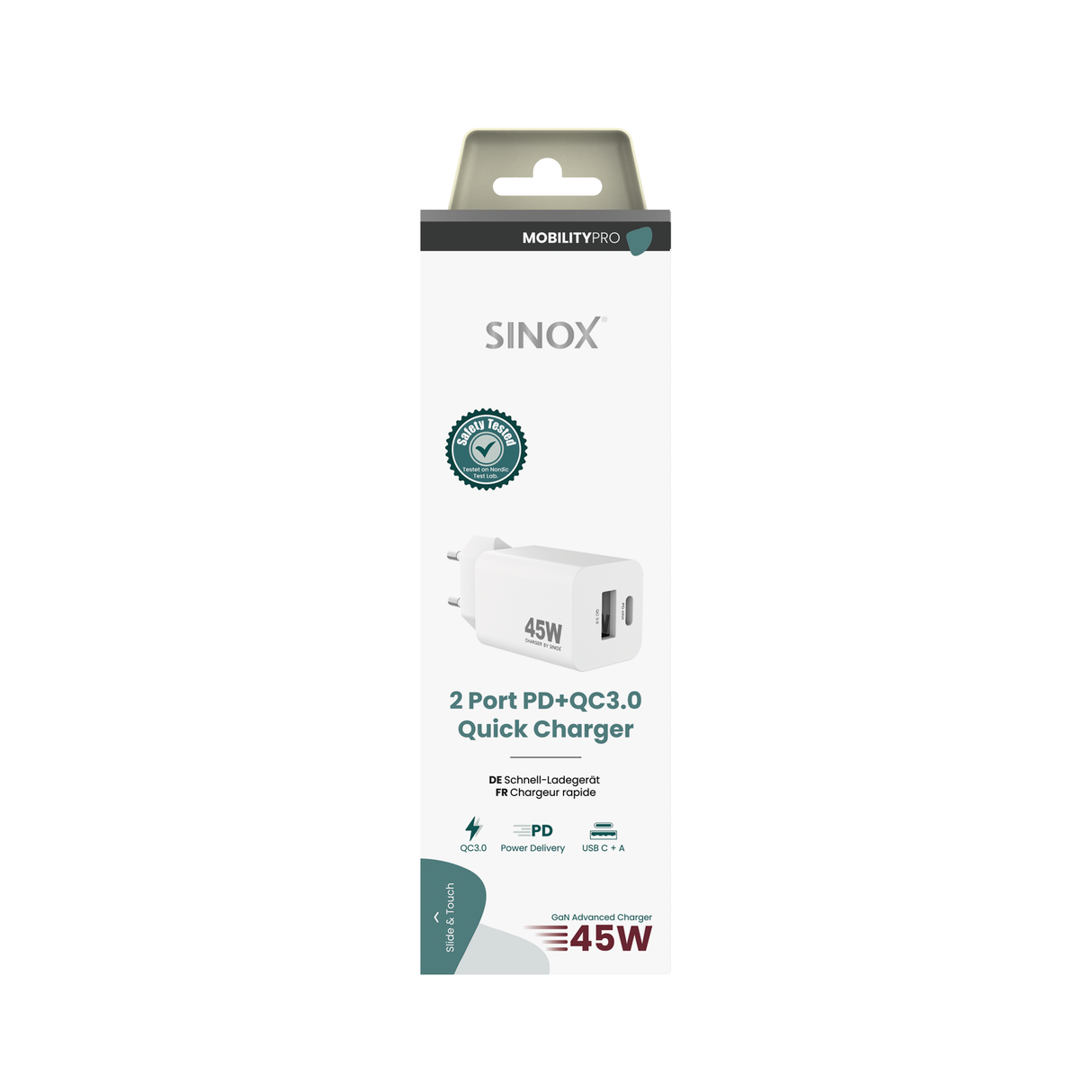 Sinox PRO 230V USB-A+USB-C PD oplader 45W. Hvid