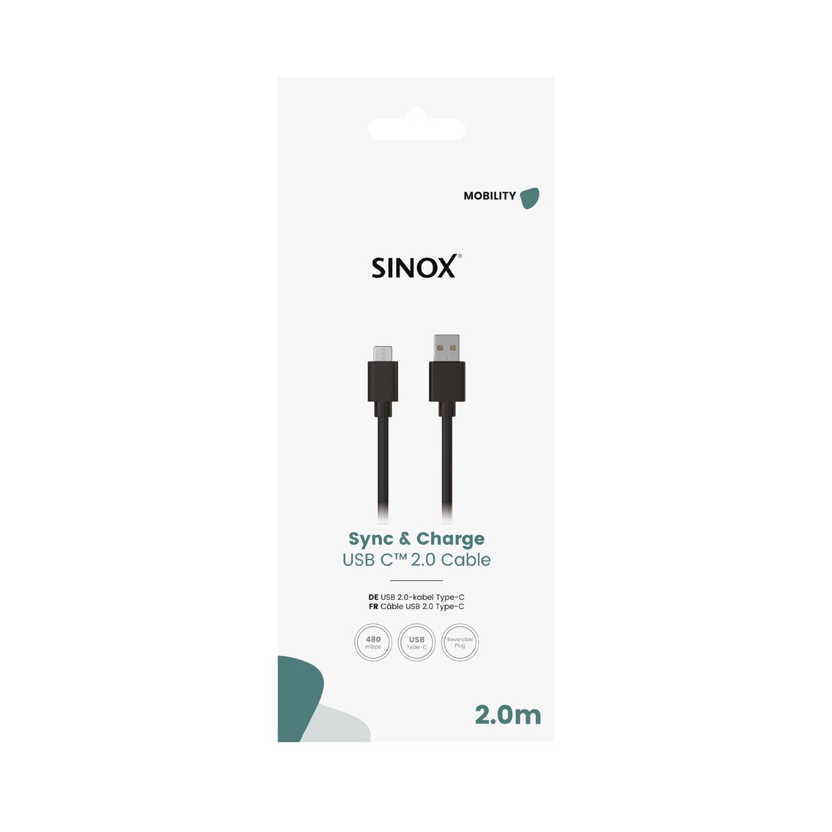 Sinox USB C til USB A kabel. 2m. Sort