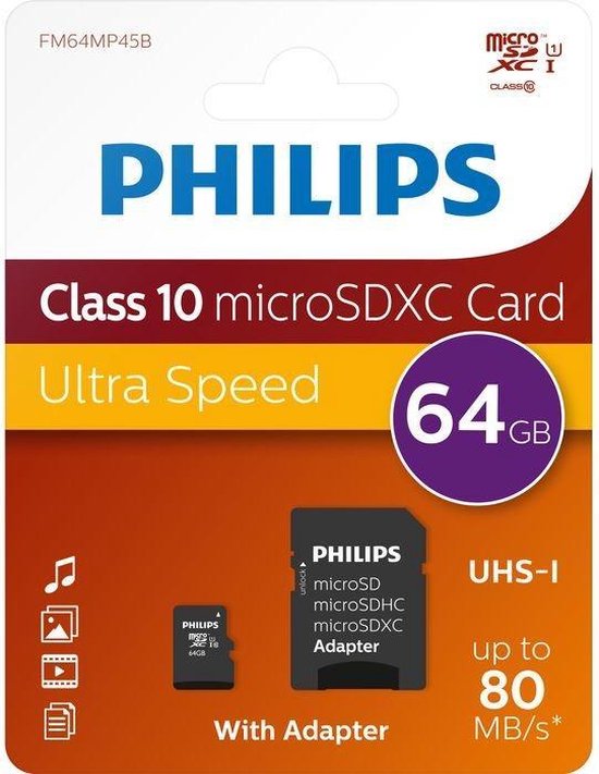 Philips Micro SDXC kort. 64GB klasse 10 UHS-I U1