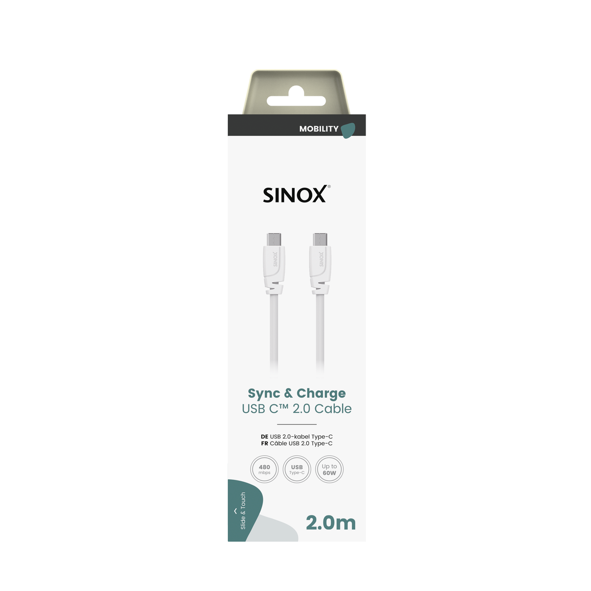 Sinox USB C 2.0 kabel. 2m. Hvid