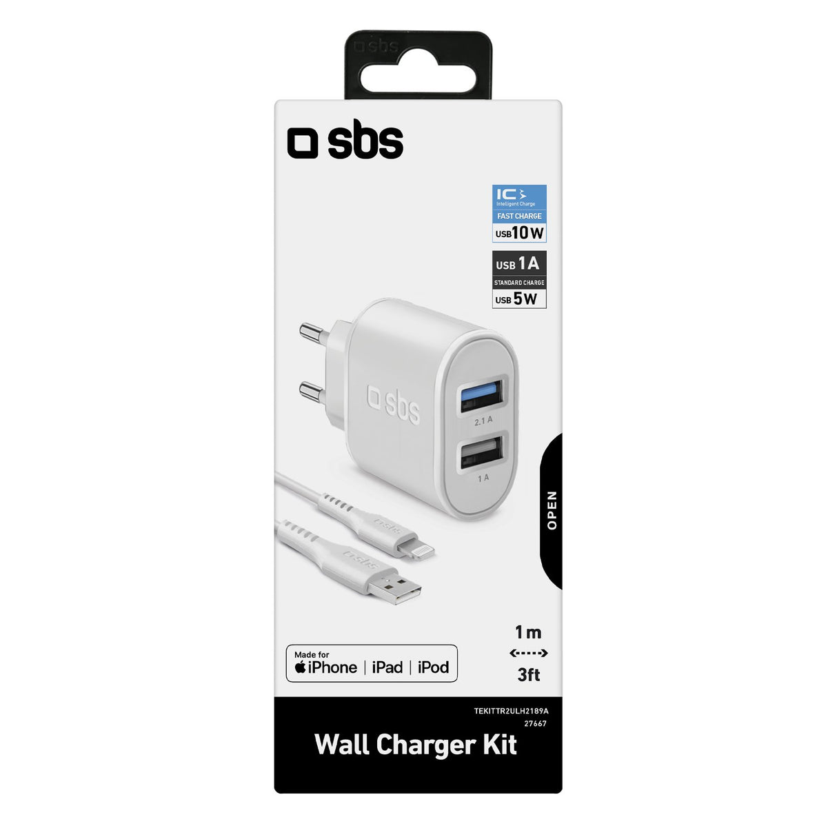 SBS 10W oplader. 1m MFI Lightning kabel. Hvid