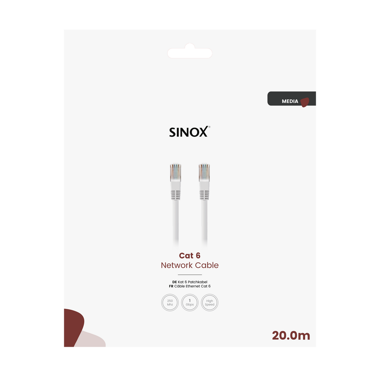 Sinox UTP Cat6e netværkskabel. 20m. Hvid