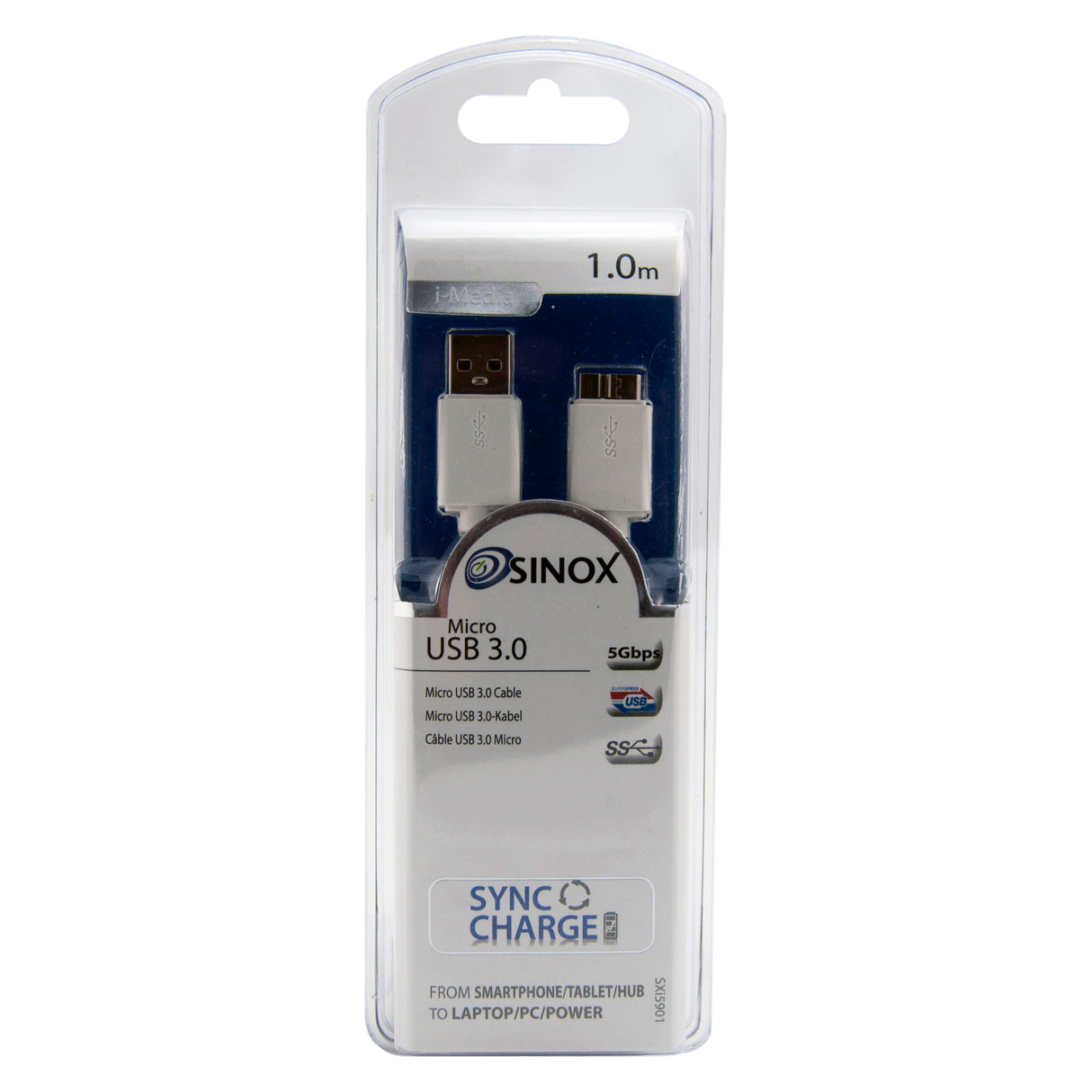 Sinox USB A 3.0 til Micro USB 3.0. 1m. Hvid