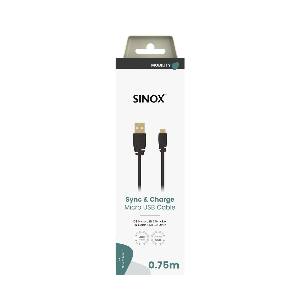 Sinox Micro USB kabel. 0,75m. Sort