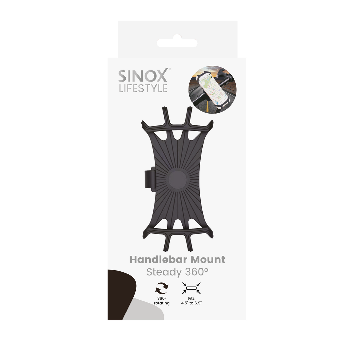 Sinox Lifestyle 360° drejelig mobilholder til cykler og scootere. Sort