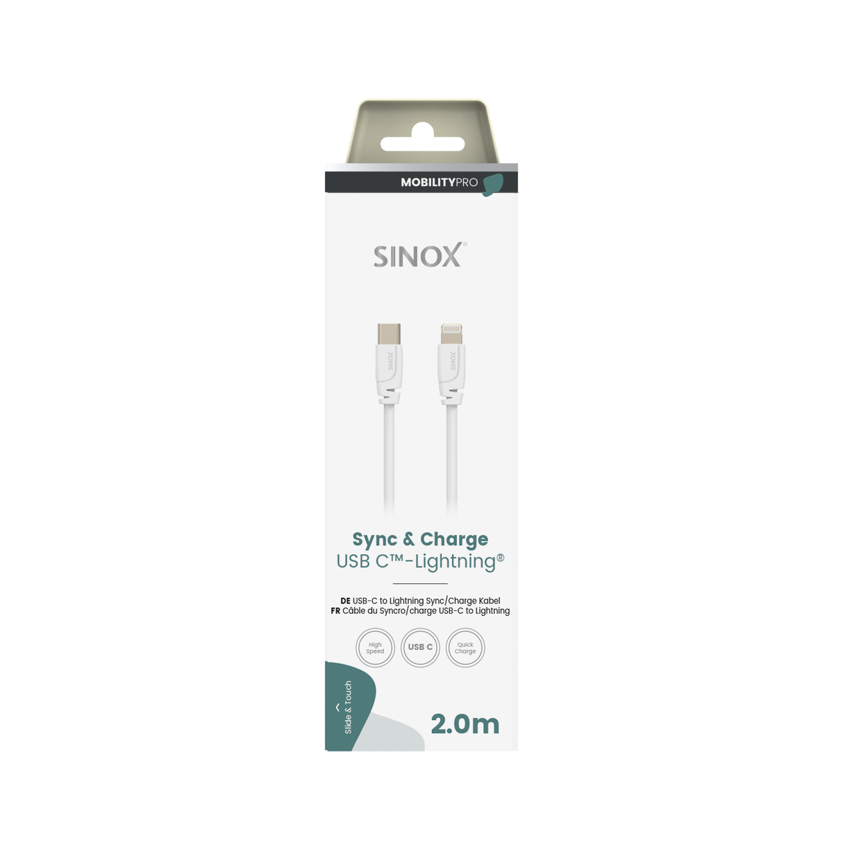 Sinox PRO USB C til Lightning kabel. 2m. Hvid