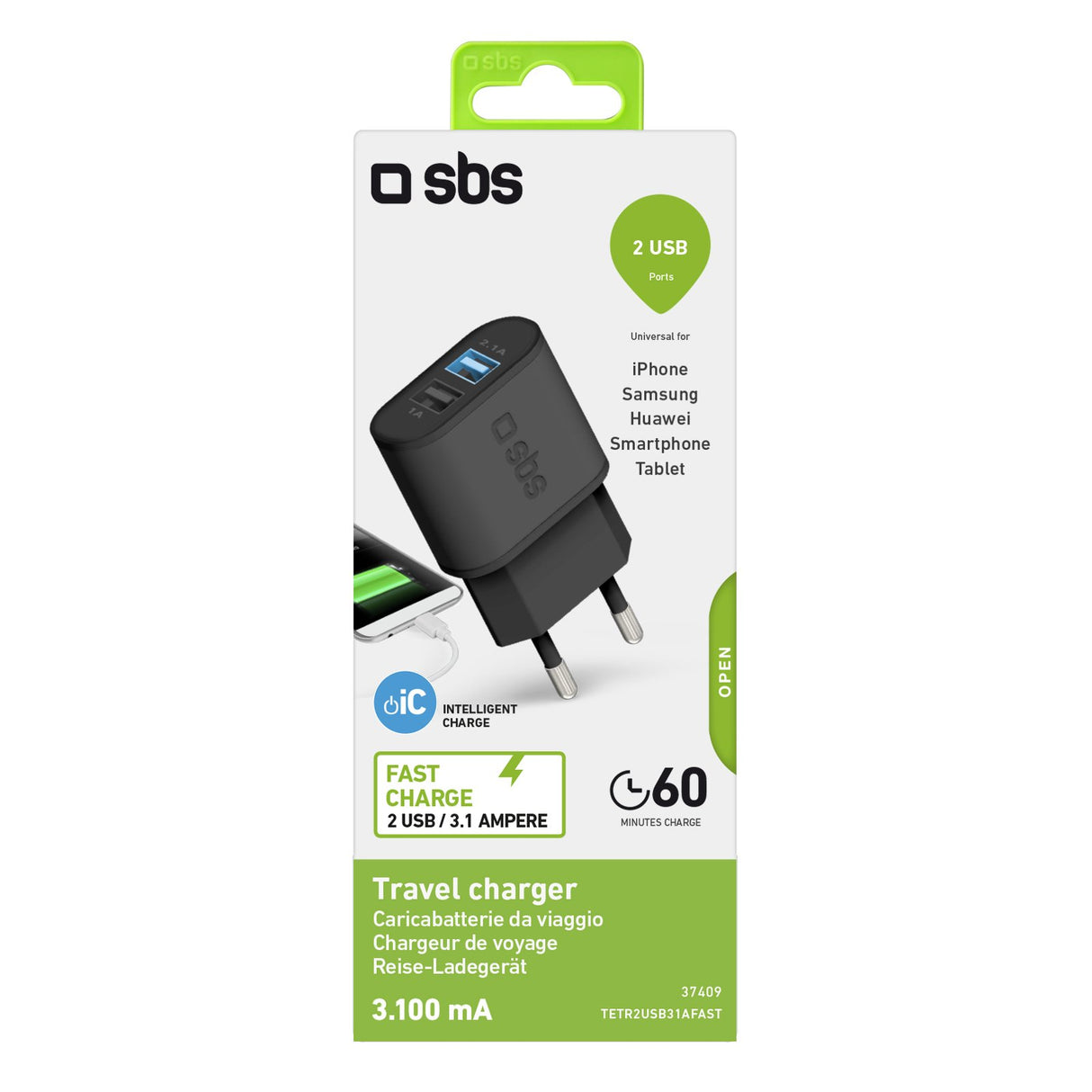 SBS 3100 mAh oplader. 2.1A + 1A. Sort