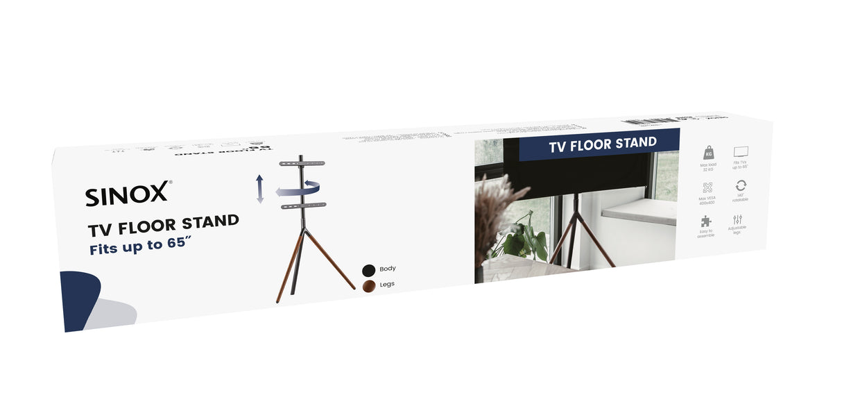 Sinox Tripod TV gulvstand med drejbar top. 45"-65". Mørkt træ/sort