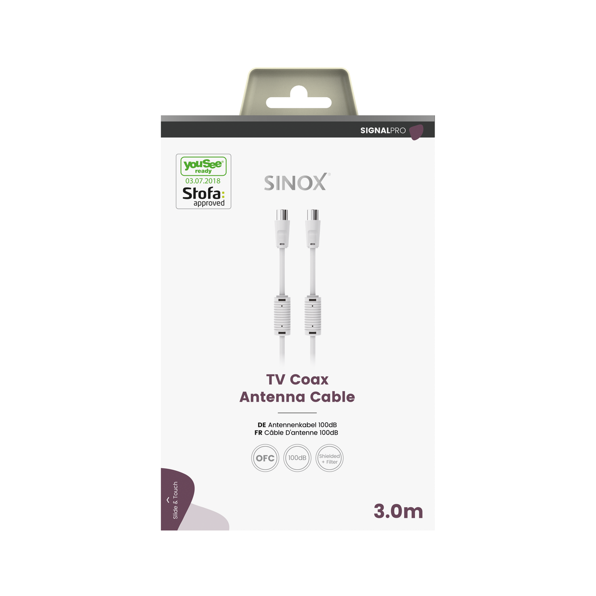 Sinox PRO antennekabel. YouSee & Stofa godkendt. 3m. Hvid