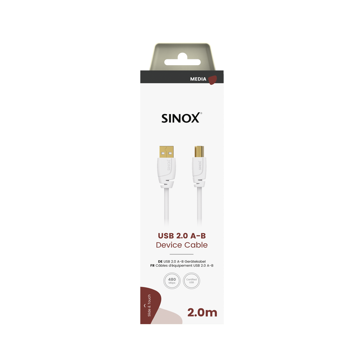 Sinox USB 2.0 printerkabel. 2m. Hvid