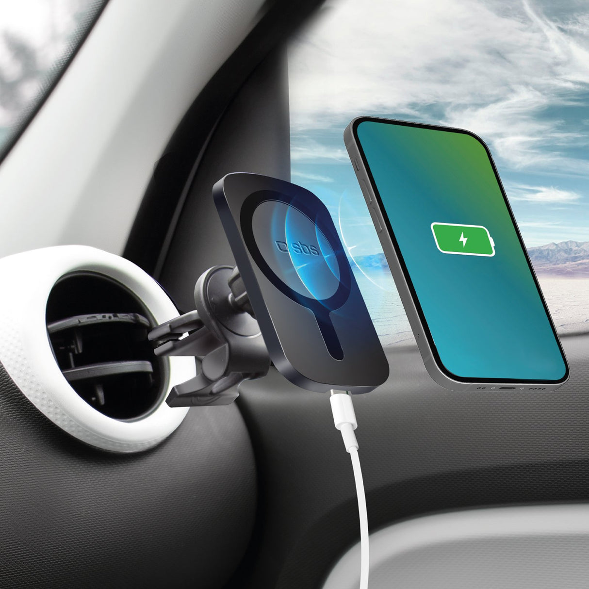 SBS magnetisk mobilholder og trådløs MagSafe™ oplader til bilen. Sort