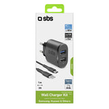 SBS 2100 mAh oplader. 1m USB - USB C kabel. Sort