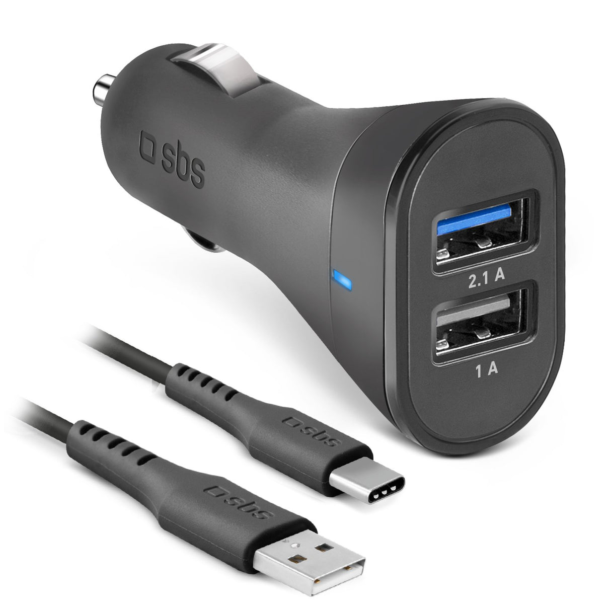 SBS USB C biloplader kit. 1A + 2.1A. 1m. Sort