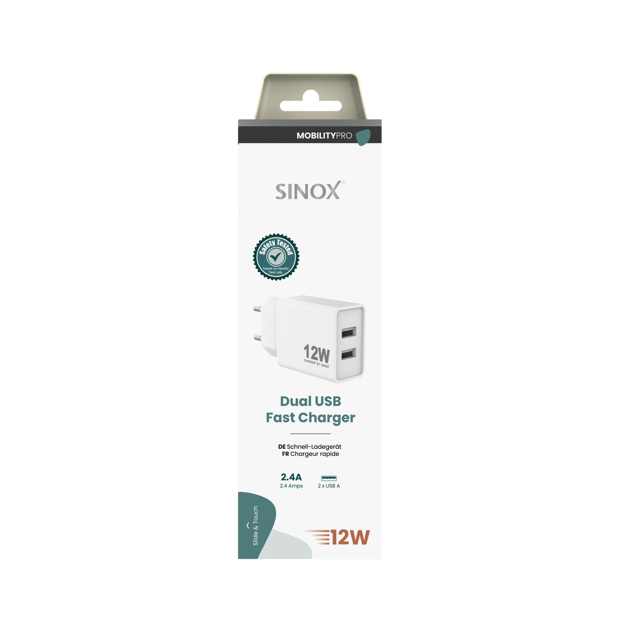 Sinox PRO 230V 2xUSB-A oplader 12W. Hvid