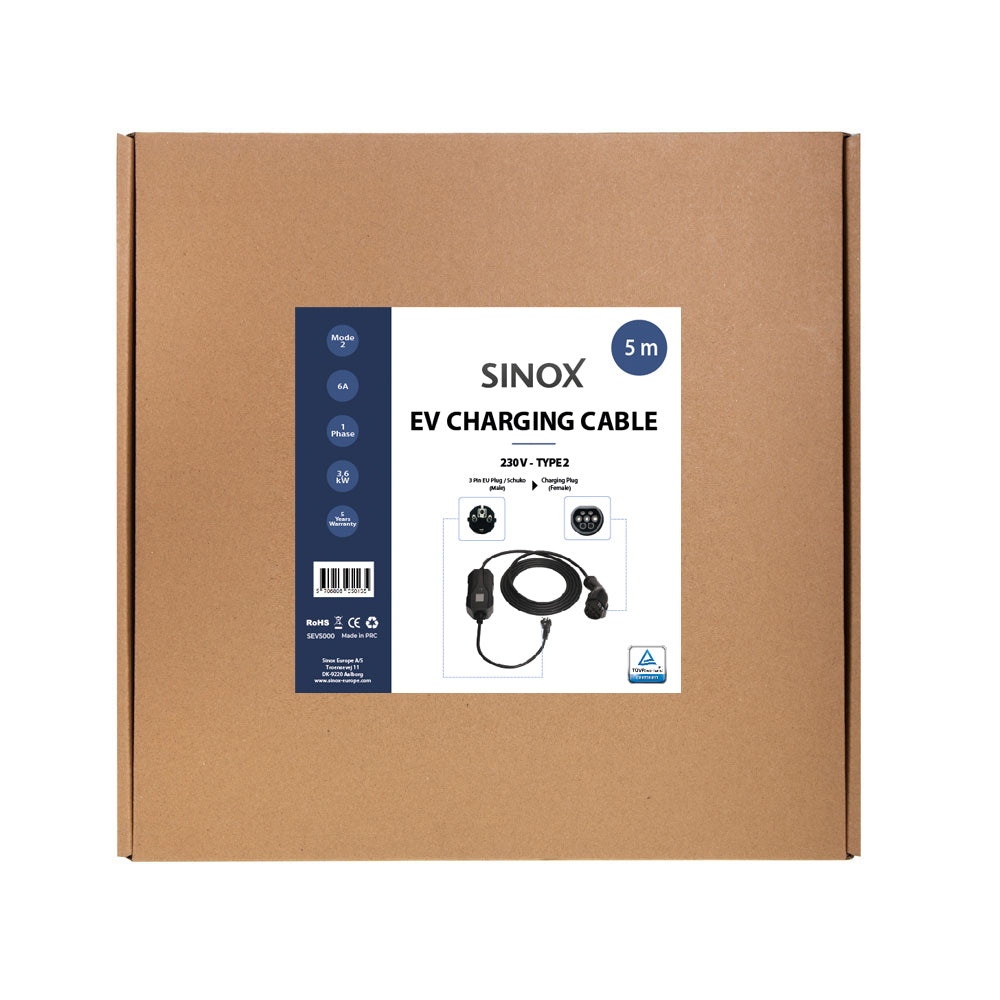 Sinox EV ladekabel mode 2. 6A 1 fase. 5m. Sort