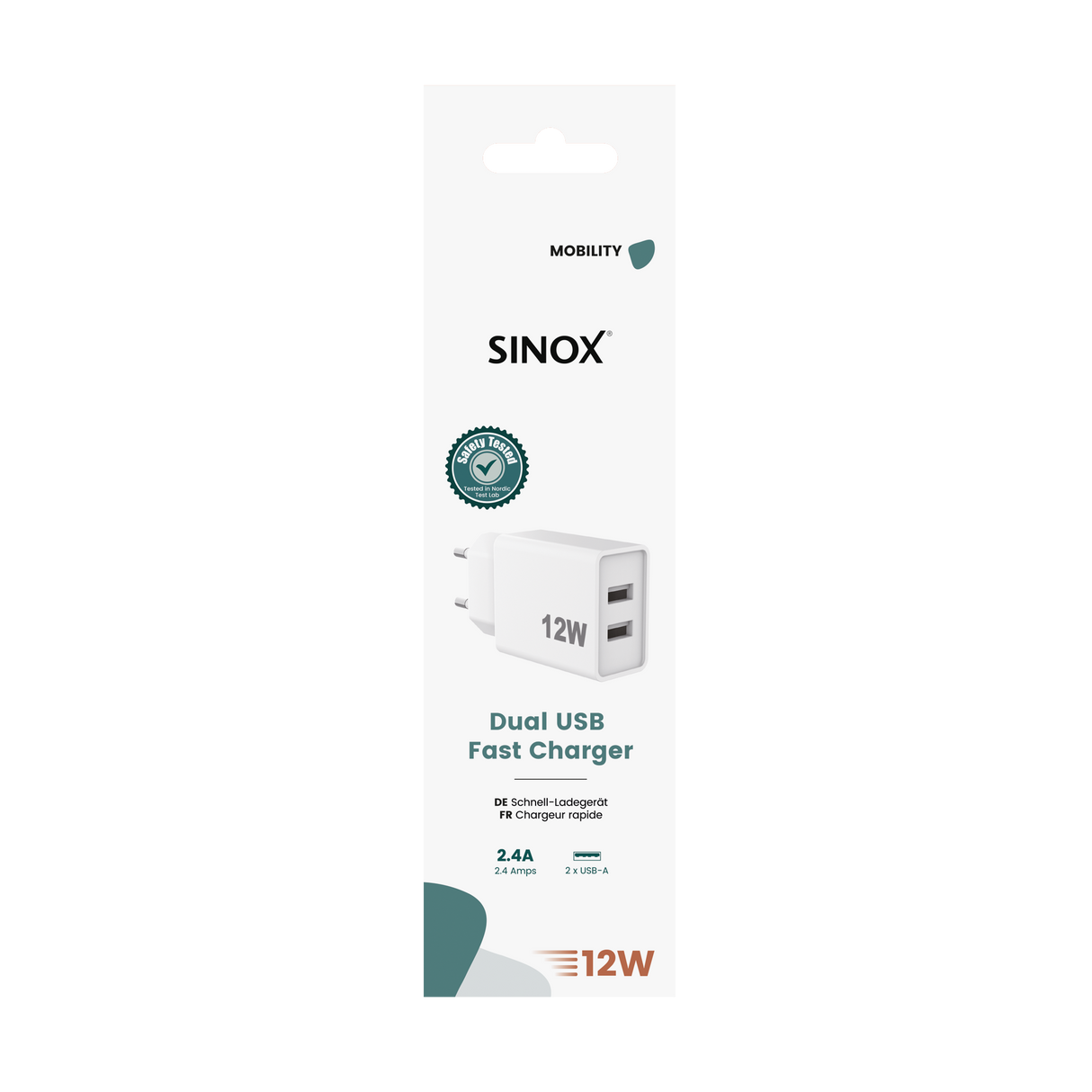 Sinox 230V 2xUSB-A oplader 12W. Hvid