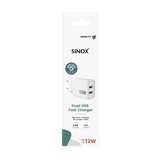 Sinox 230V 2xUSB-A oplader 12W. Hvid