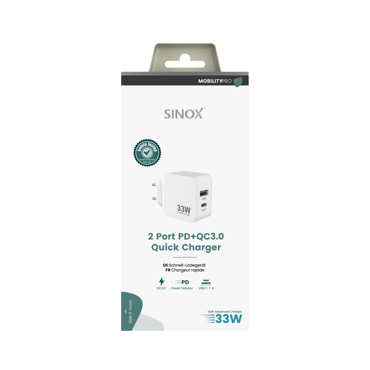 Sinox PRO 230V USB-A+USB-C PD oplader 33W. Hvid