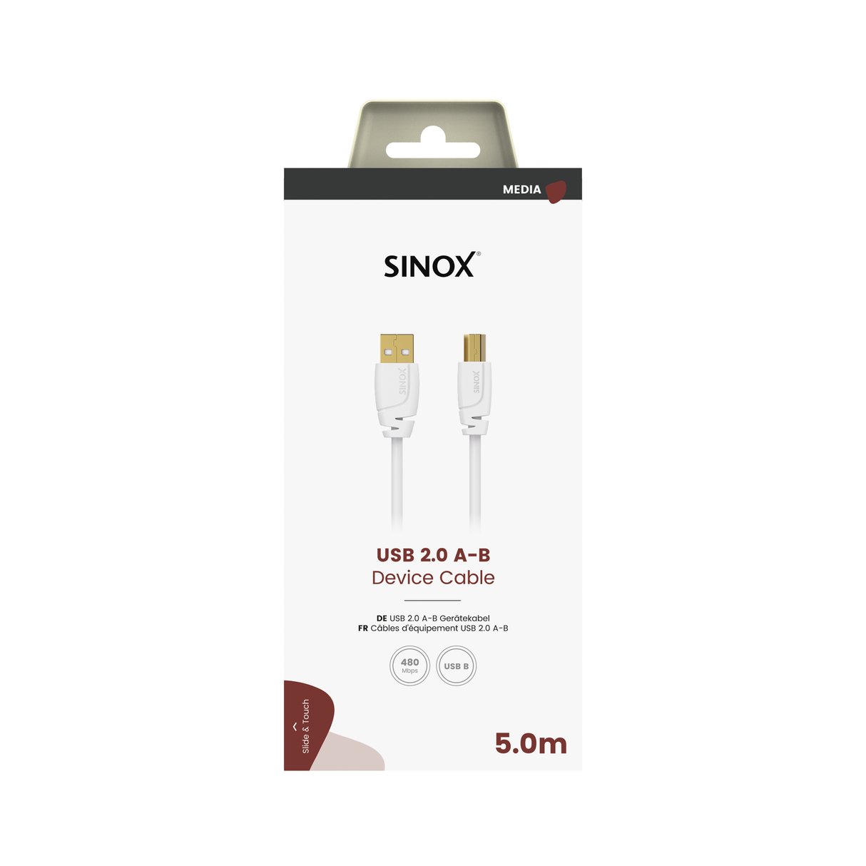 Sinox USB 2.0 printerkabel. 5m. Hvid