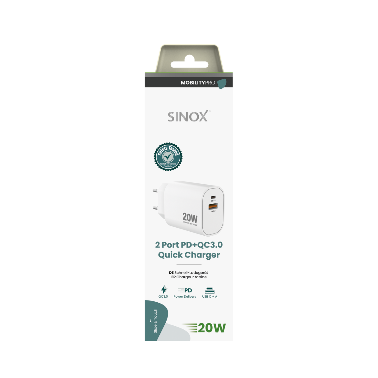 Sinox PRO 230V USB-A+USB-C oplader 20W. Hvid