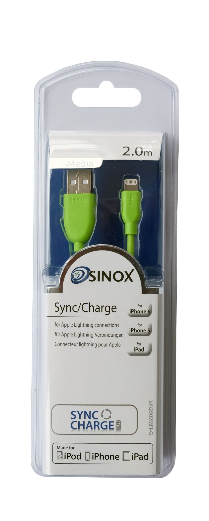 Sinox Lightning kabel m/original Apple™ chip. 2m. Grøn