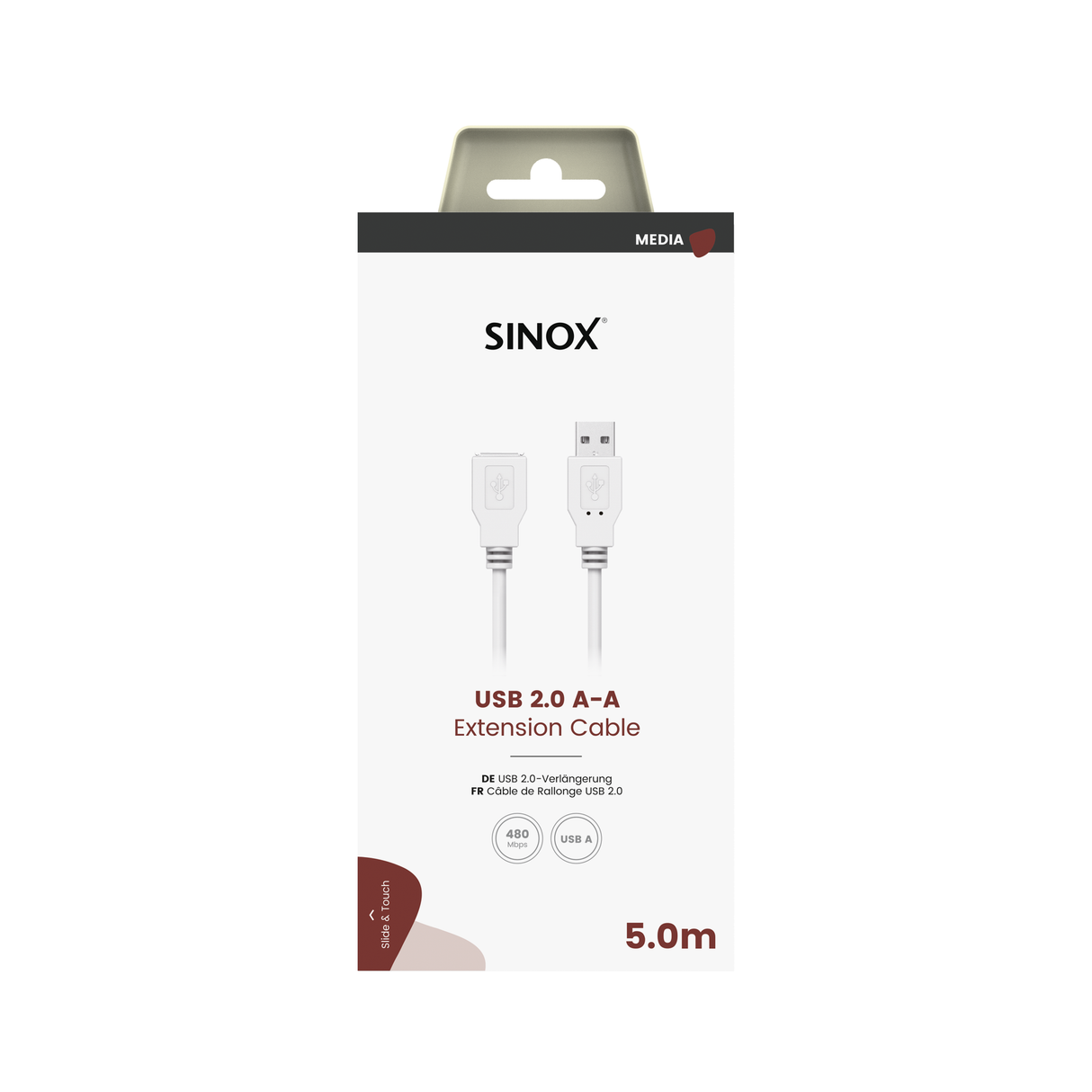 Sinox USB 2.0 forlængerkabel. 5m. Hvid