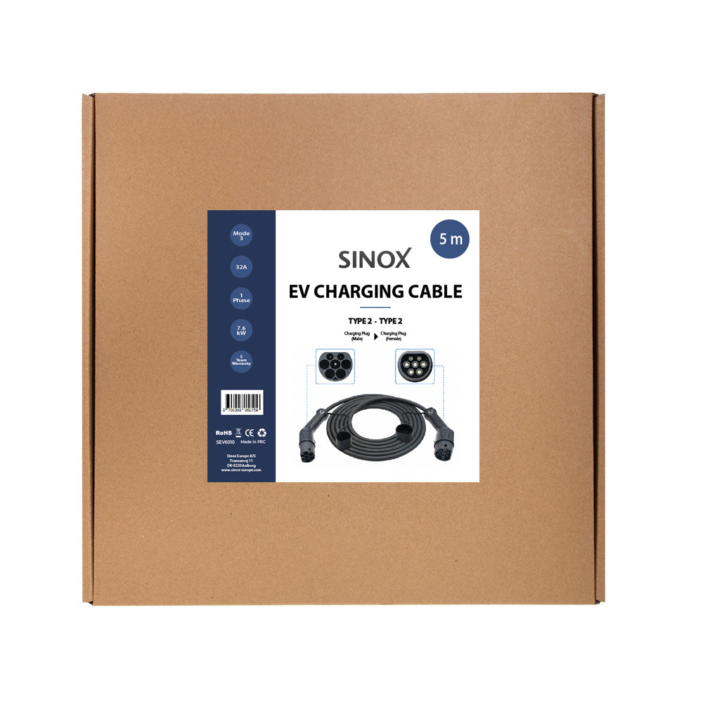 Sinox EV ladekabel mode 3. 32A 1 fase. 5m. Sort