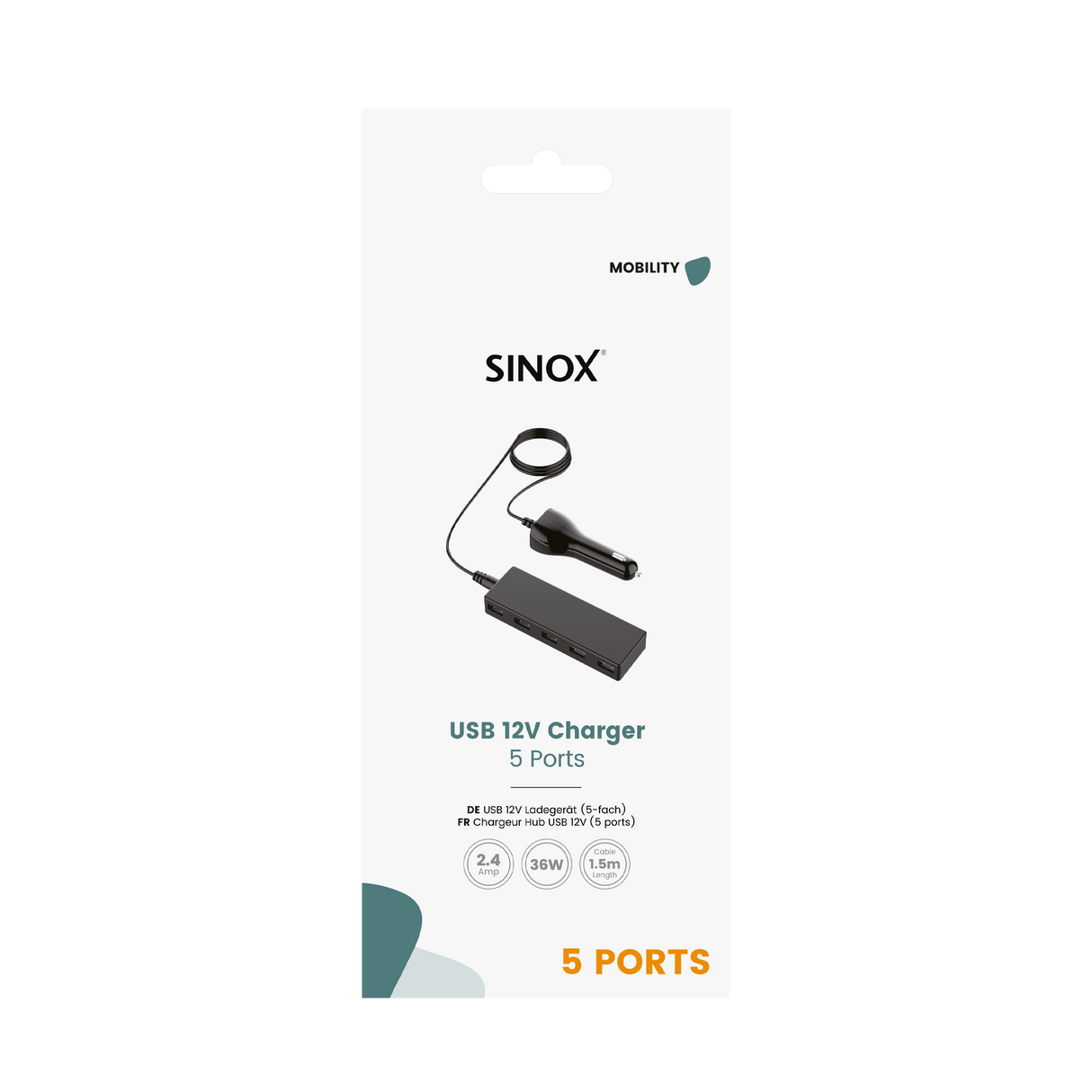 Sinox 12V USB A biloplader. 7,2A. 1,5m. Sort