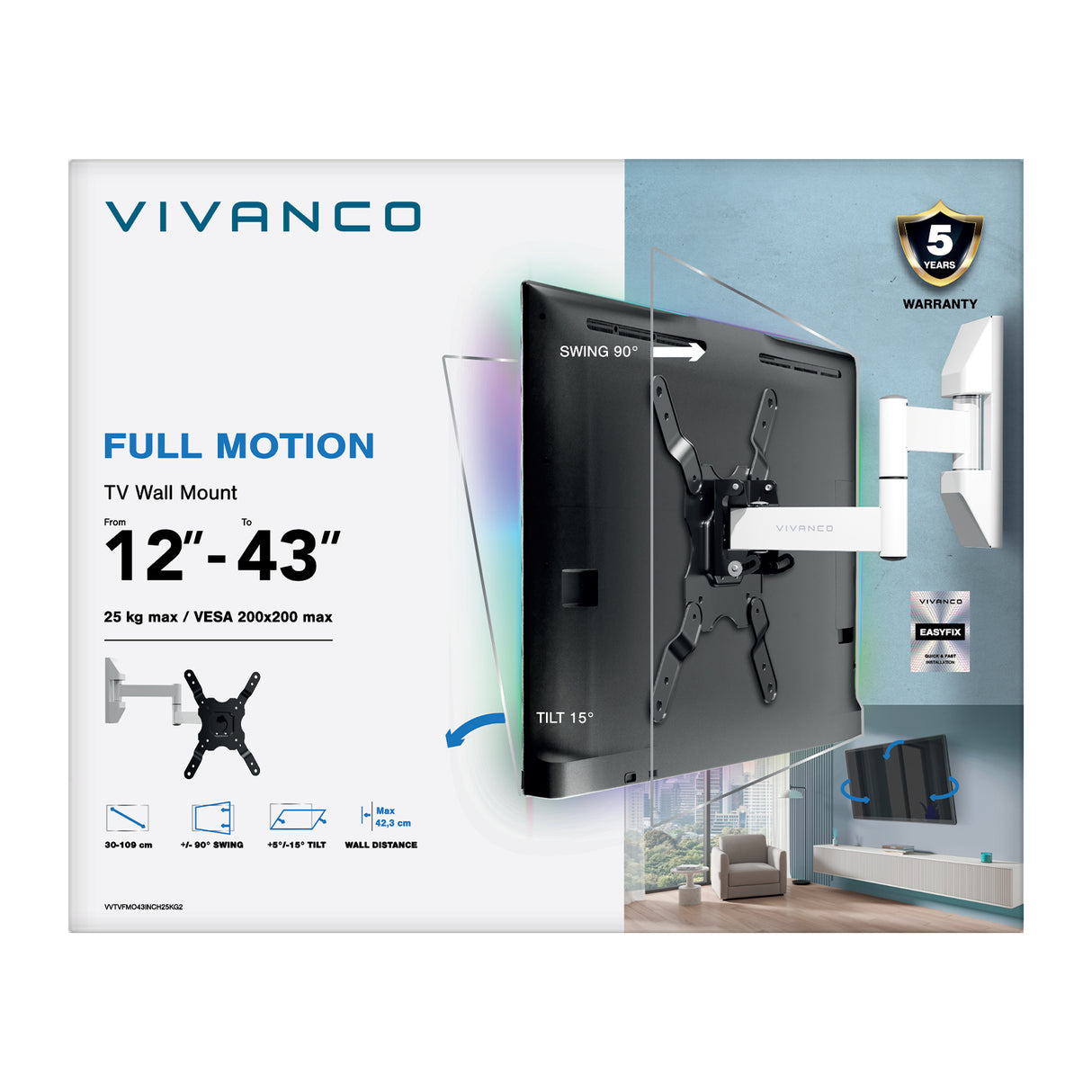 Vivanco TV-vægbeslag, MOTION, dobbeltarm, 43", 25 kg hvid, VESA 200x200