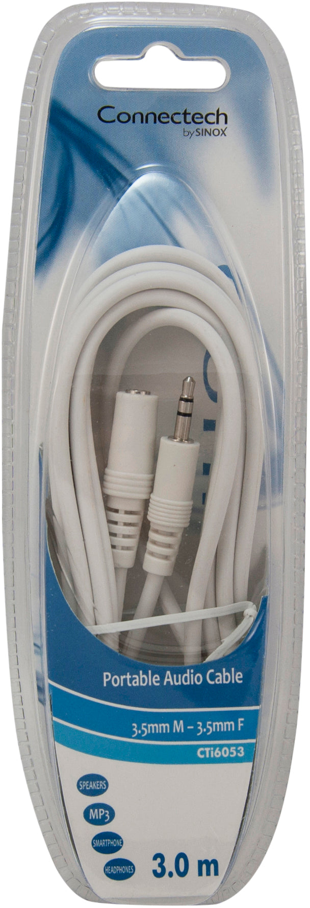 Connectech 3,5mm mini jack forlængerkabel. 3m. Hvid