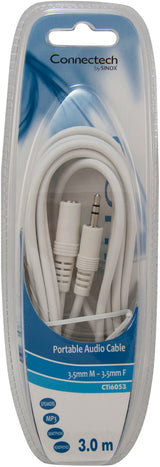 Connectech 3,5mm mini jack forlængerkabel. 3m. Hvid