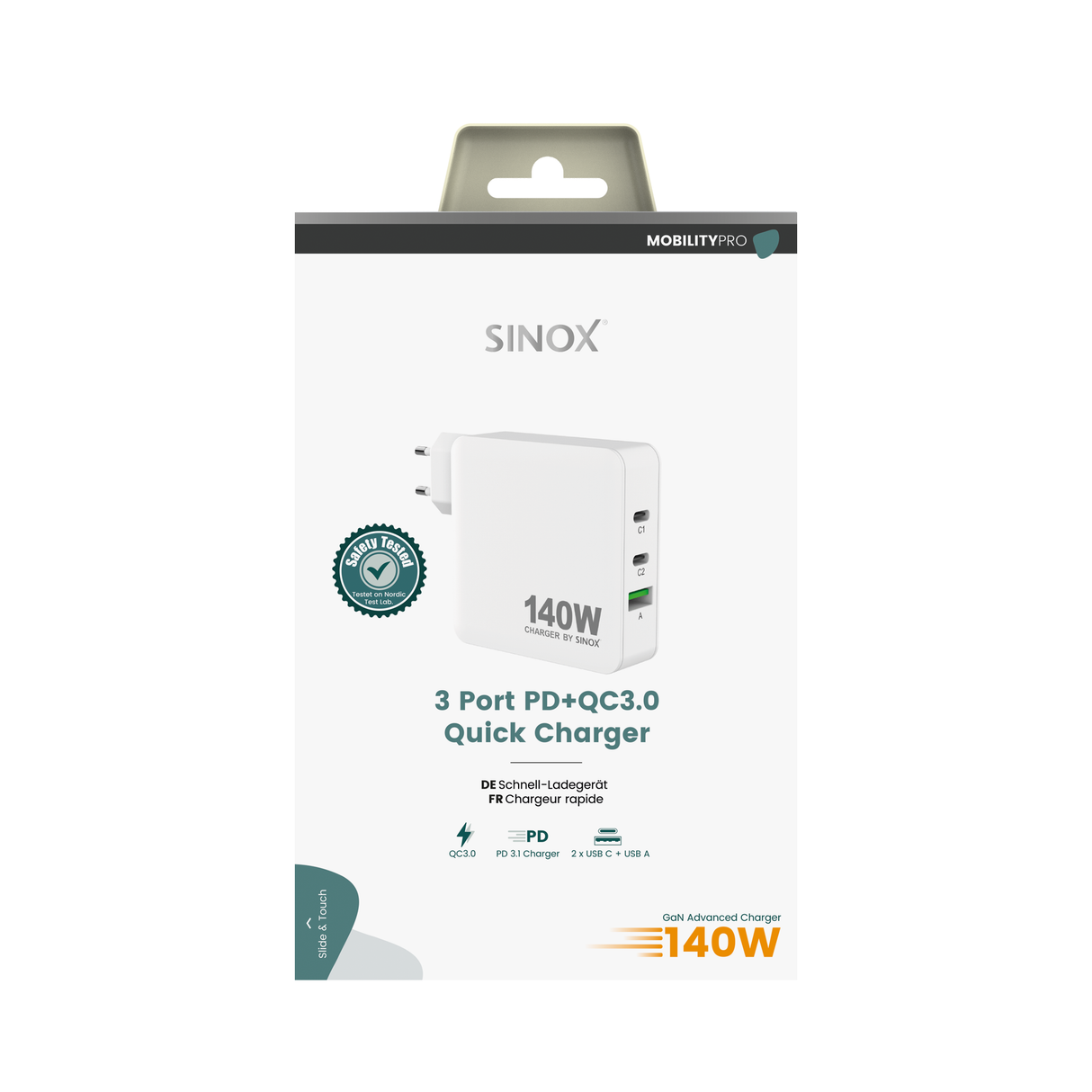 Sinox PRO 230V 2xUSB-C 1xUSB-A oplader 140W. Hvid