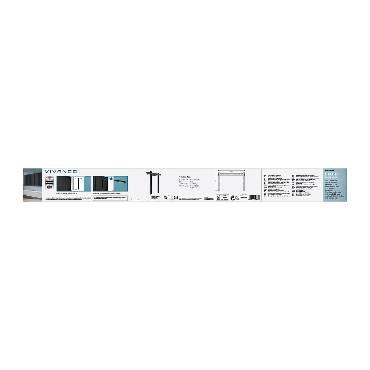 Vivanco TV-vægbeslag, FLAT, 65", 50 kg, VESA 600x400